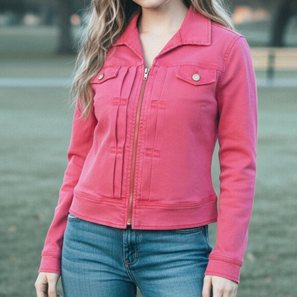 MOTHER Y2K Jean/Denim Jacket Trucker L Made USA Red-Pink Preppy Academia Western - Picture 1 of 9